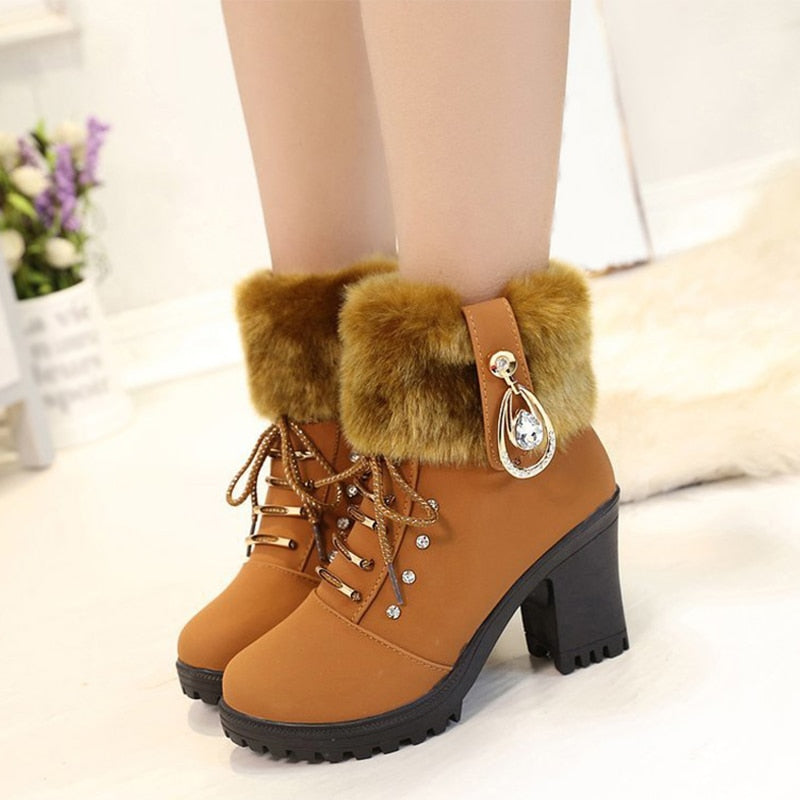 Ankle Boots Women Crystal Design Warm Plush Snow Lace Up – YeahU2