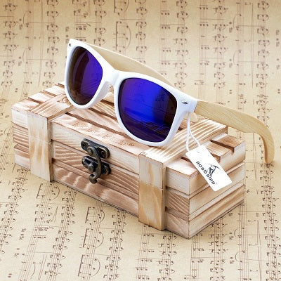 Unisex Bamboo Sunglasses White Frame eyewear With Coating Mirrored UV 400 Protection Lenses in Wooden Box