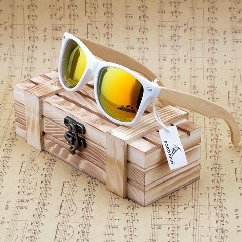 Unisex Bamboo Sunglasses White Frame eyewear With Coating Mirrored UV 400 Protection Lenses in Wooden Box