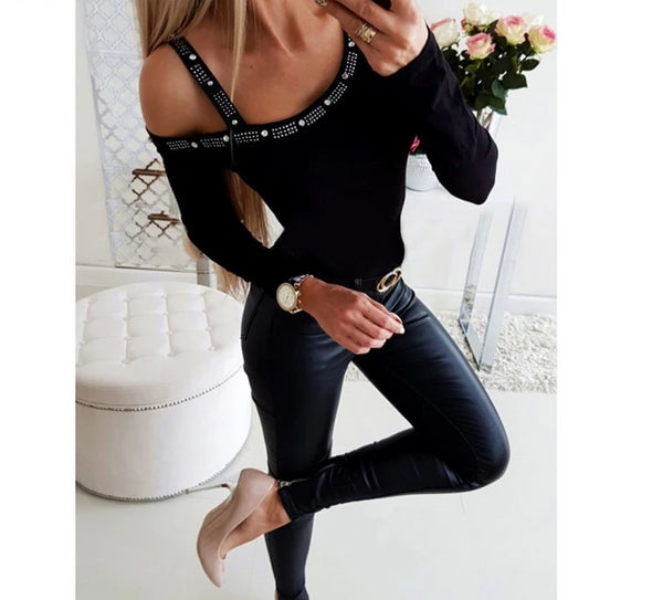 Blouse Shoulder off Sexy O Neck Solid Waist Long Sleeve