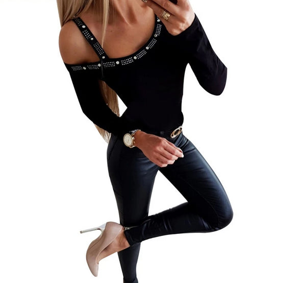 Blouse Shoulder off Sexy O Neck Solid Waist Long Sleeve