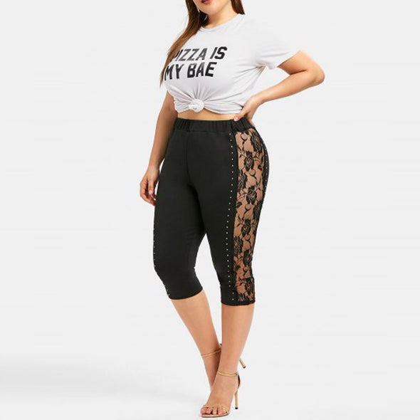 Leggings Plus Size For Women Fitness High Waist Solid Lace Hollow Out