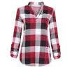 Blouse Plaid Shirt Roll Up Long Sleeve V Neck