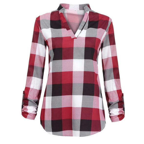 Blouse Plaid Shirt Roll Up Long Sleeve V Neck