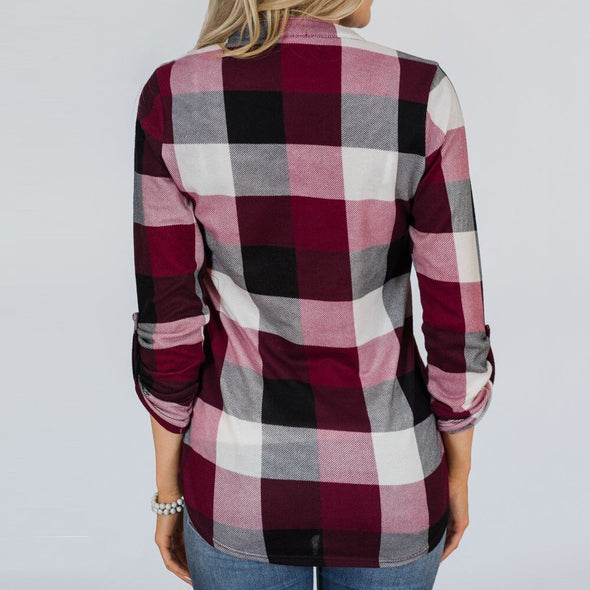 Blouse Plaid Shirt Roll Up Long Sleeve V Neck