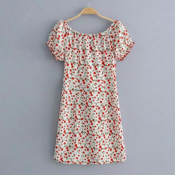 Dress Off Shoulder Floral Short Sleeve Button Mini Dress