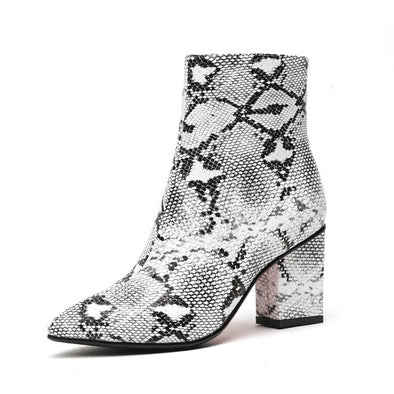 Ankle Boots Print Snake Pu Zip Pointed Toe Footwear Thick High Heels