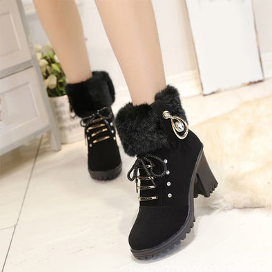 Ankle Boots Women Crystal Design Warm Plush Snow Lace Up