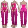 Two Piece Set Ruffle Sheer Mesh Pants Hollow Out Spaghetti Straps Bodysuit Swimwear