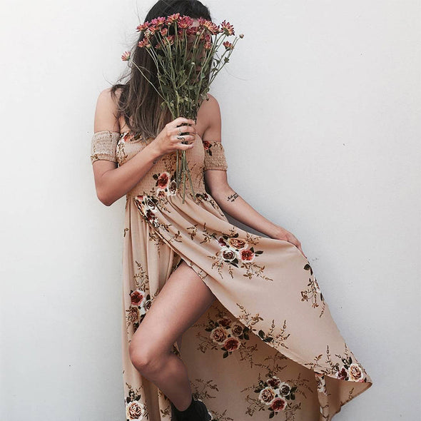 Dress Neck Floral Printed Strapless Long Dress