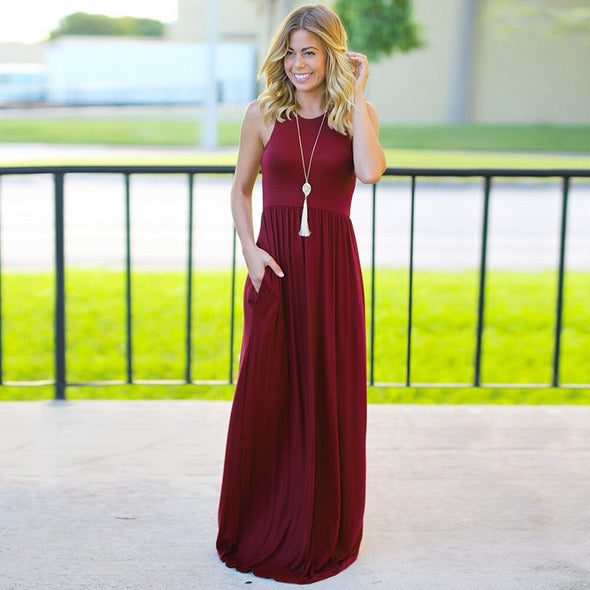 Dress CC Sundress Maxi Sleeveless Solid Color Pocket