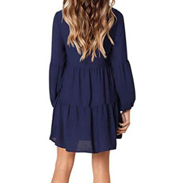 Dress New fashion Women Solid Lantern Long Sleeve party dress V-Neck Draped Knee-Length Dress