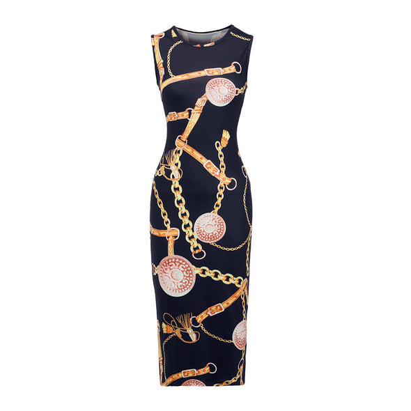 Dress Chicago Sexy Sheath Chain Print Sleeveless Bodycon Clubwear Slim Formal Club