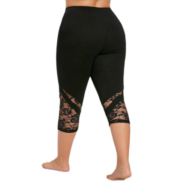 Leggings Polyester High Elastic Waist Mid- Calf Lace Patchwork Skinny Plus Sizes