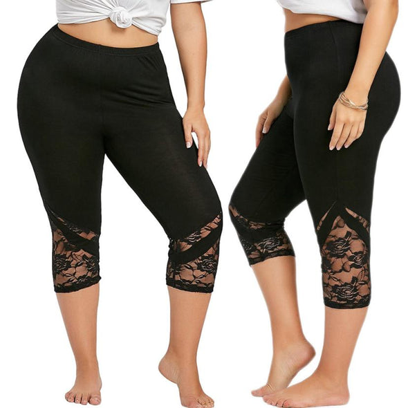 Leggings Polyester High Elastic Waist Mid- Calf Lace Patchwork Skinny Plus Sizes