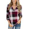 Blouse Plaid Shirt Roll Up Long Sleeve V Neck