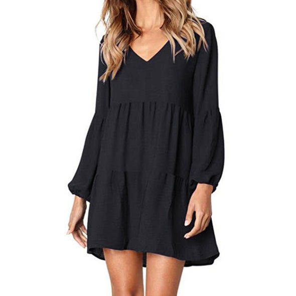 Dress New fashion Women Solid Lantern Long Sleeve party dress V-Neck Draped Knee-Length Dress