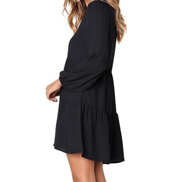 Dress New fashion Women Solid Lantern Long Sleeve party dress V-Neck Draped Knee-Length Dress