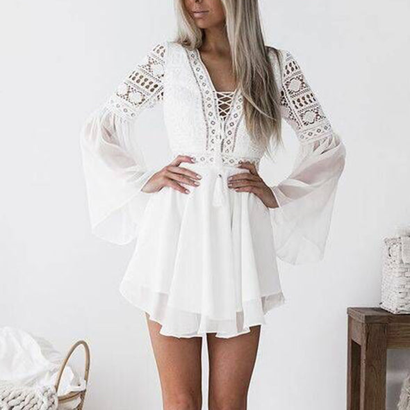 Mini Dress Andy Chiffon Lace semi sheer bell sleeve Plunge V-Neck