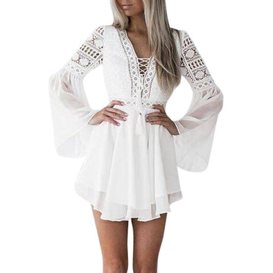 Mini Dress Andy Chiffon Lace semi sheer bell sleeve Plunge V-Neck