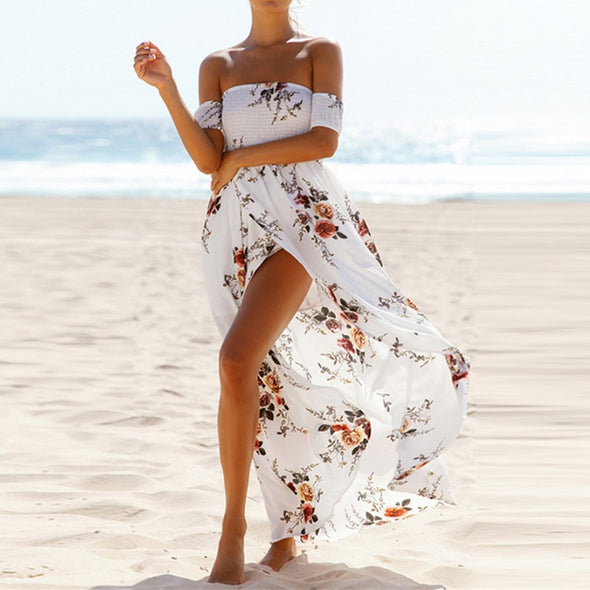 Dress Neck Floral Printed Strapless Long Dress