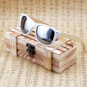 Unisex Bamboo Sunglasses White Frame eyewear With Coating Mirrored UV 400 Protection Lenses in Wooden Box