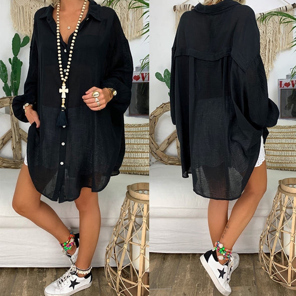 Blouse Long Sleeve Turn Down Collar Female Tunic Button