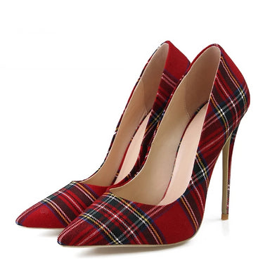 Stiletto Heels Pumps Red Pointed Plaid