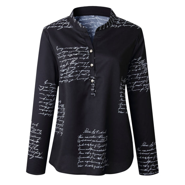 Blouse Letters Printing V Neck Button Long Sleeve