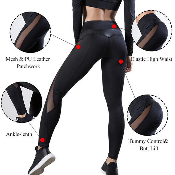 Mesh Leather Leggings Workout Mesh PU Leather