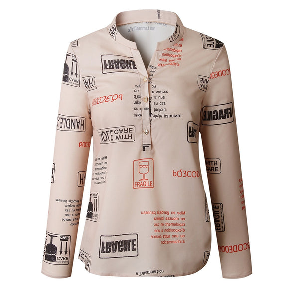 Blouse Letters Printing V Neck Button Long Sleeve