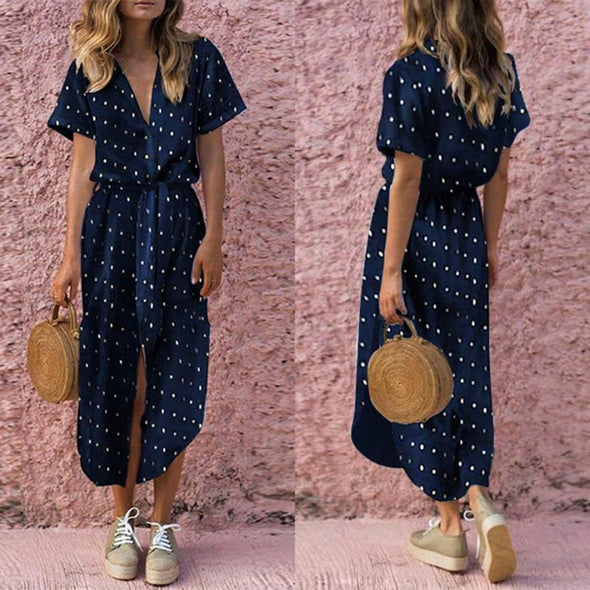 Dress Sexy Short Sleeve Solid Long Dress Casual Daily Bow Tie V Neck Dot Button