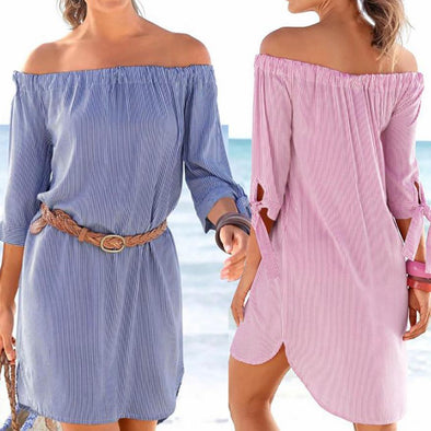 Dress Juno Off Shoulder Half Sleeve Striped Mini Dresses