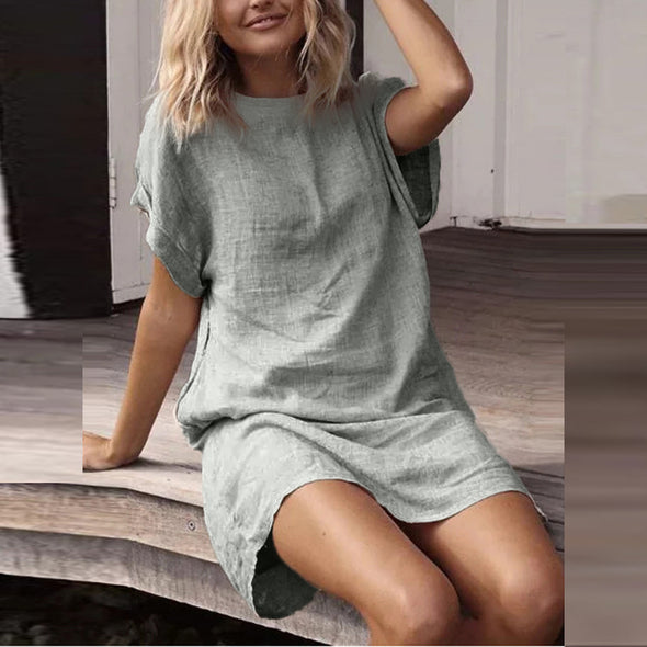 Dress Casual Solid Short Sleeve - Crew Neck Linen