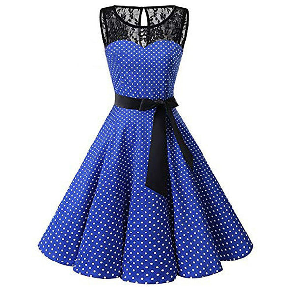 Dress California Sleeveless Polka Dot Lace Hepburn Vintage Swing High-Waist Pleated Dress solid