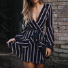 Dress Women's Fashion Lantern Sleeve Casual Striped V-Neck Ruffle Mini