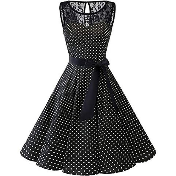 Dress California Sleeveless Polka Dot Lace Hepburn Vintage Swing High-Waist Pleated Dress solid