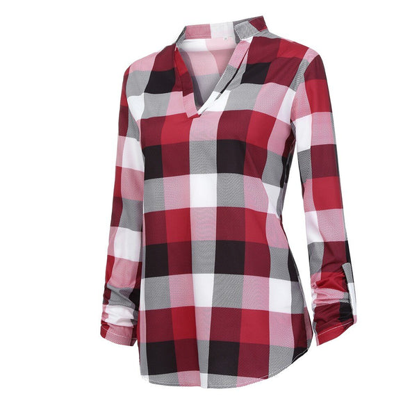 Blouse Plaid Shirt Roll Up Long Sleeve V Neck