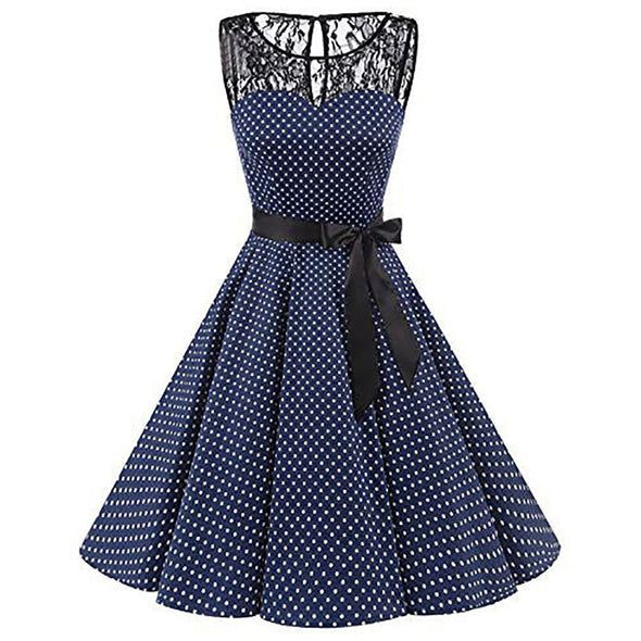 Dress California Sleeveless Polka Dot Lace Hepburn Vintage Swing High-Waist Pleated Dress solid