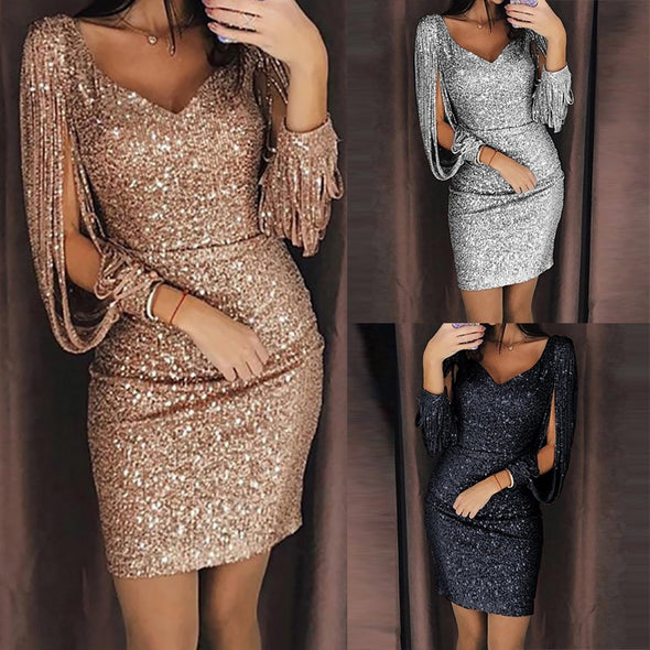 Dress Sequin Glitter Stitching V Neck Solid Shining Club Sheath Long Sleeved Mini Dress