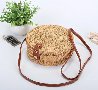 Round Rattan Bag -  Straw Button Handmade Woven