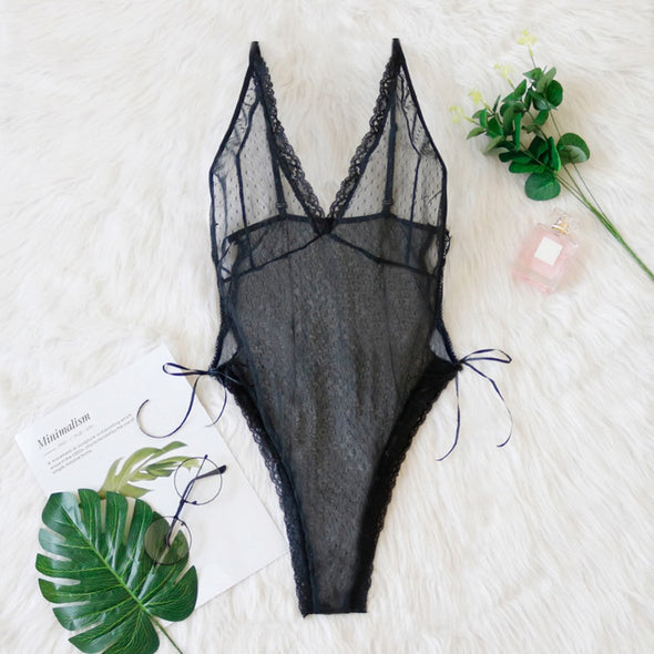 Sexy deep V mesh see-through jumpsuit erotic lingerie