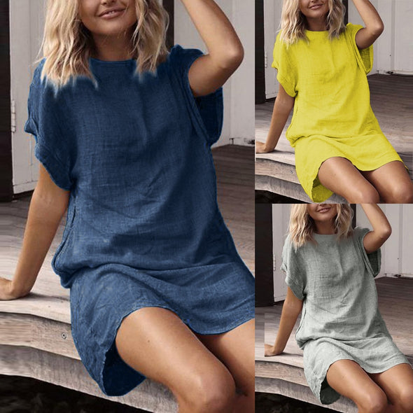 Dress Casual Solid Short Sleeve - Crew Neck Linen