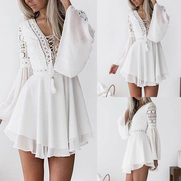 Mini Dress Andy Chiffon Lace semi sheer bell sleeve Plunge V-Neck