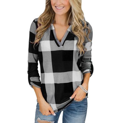 Blouse Plaid Shirt Roll Up Long Sleeve V Neck