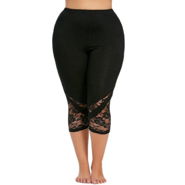 Leggings Polyester High Elastic Waist Mid- Calf Lace Patchwork Skinny Plus Sizes