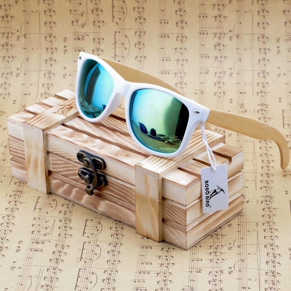 Unisex Bamboo Sunglasses White Frame eyewear With Coating Mirrored UV 400 Protection Lenses in Wooden Box