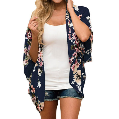 Cardigan Floral Loose Half Sleeve Shawl Print Chiffon