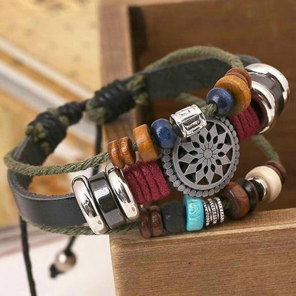 Bracelets Multilayer of Handmade leather, wood & stones