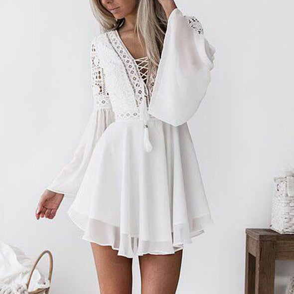 Mini Dress Andy Chiffon Lace semi sheer bell sleeve Plunge V-Neck